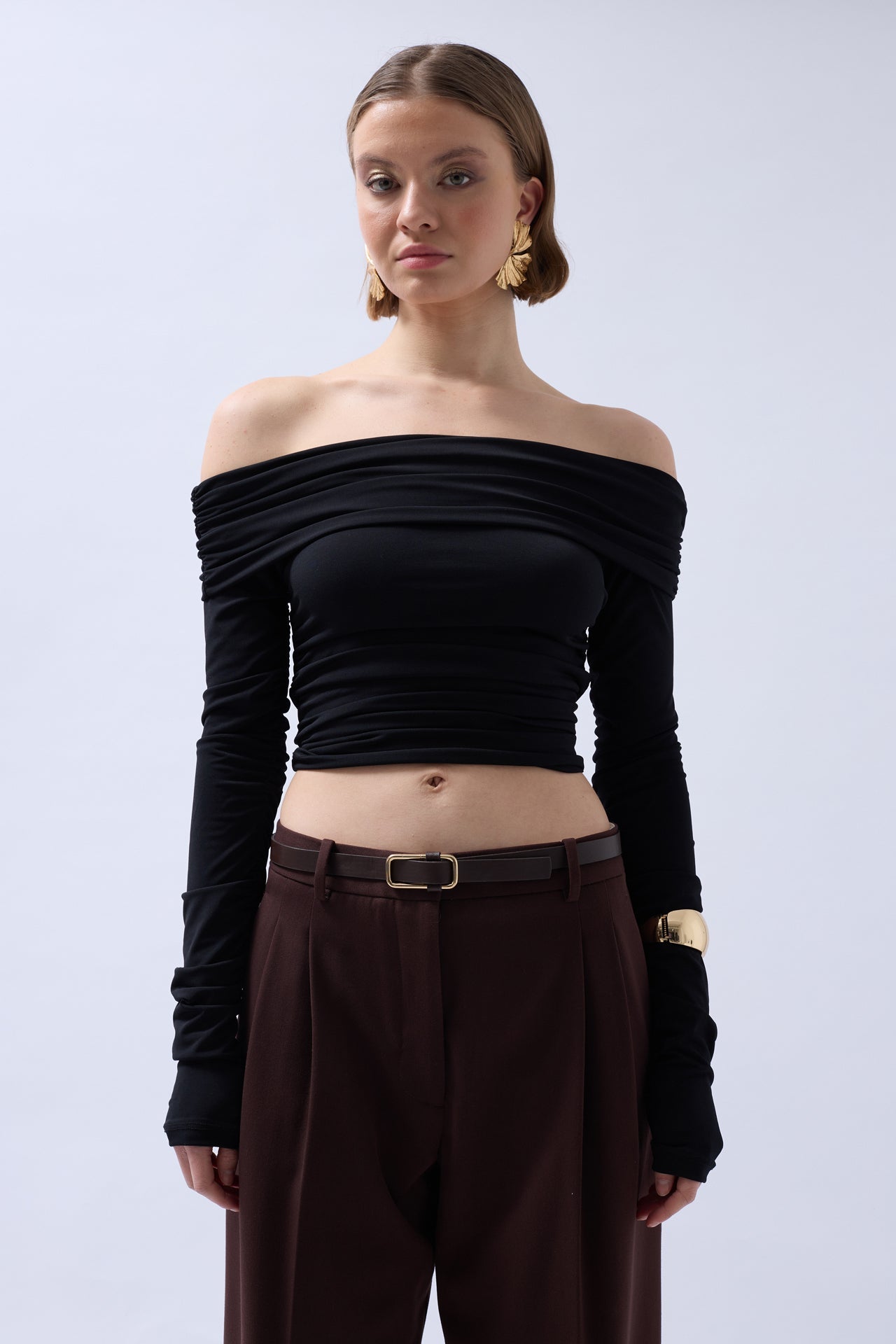 Shoulder Cutout Strapless Black Blouse
