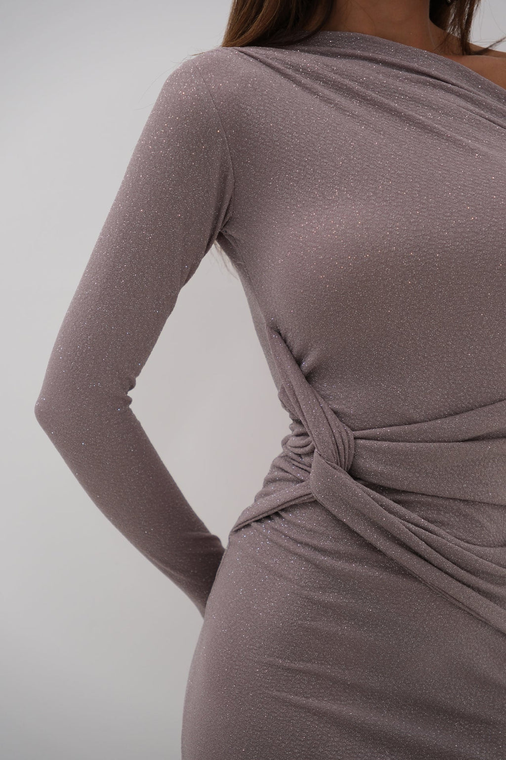 Shoulder Cut-Out Stone Detail Gray Dress