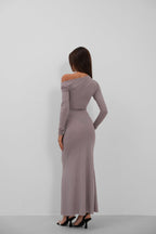 Shoulder Cut-Out Stone Detail Gray Dress