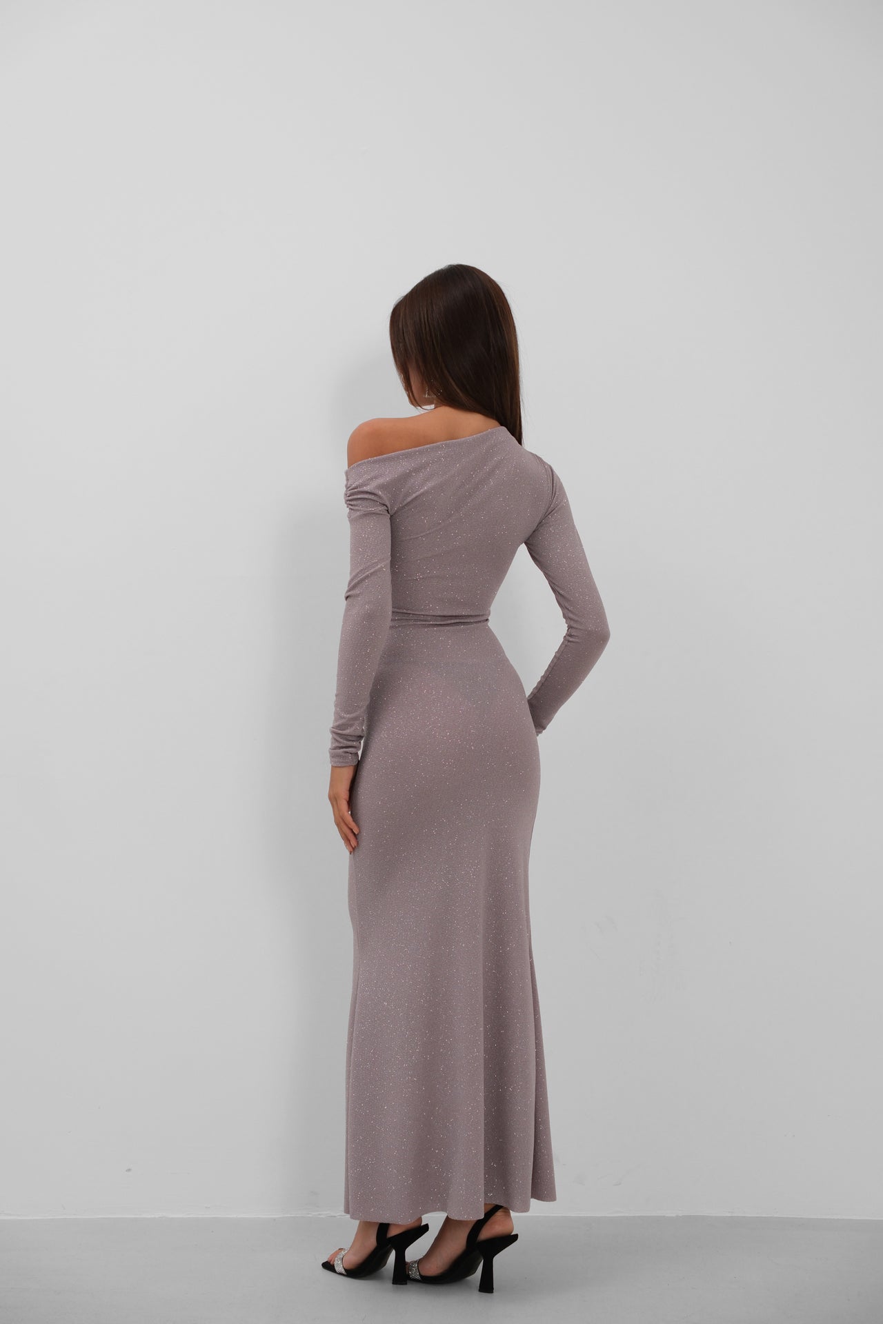 Shoulder Cut-Out Stone Detail Gray Dress