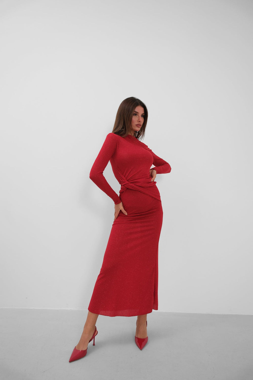 Omuz Cut-Out Stone Detailed Red Dress