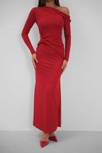 Omuz Cut-Out Stone Detailed Red Dress