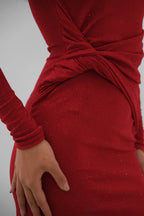 Omuz Cut-Out Stone Detailed Red Dress