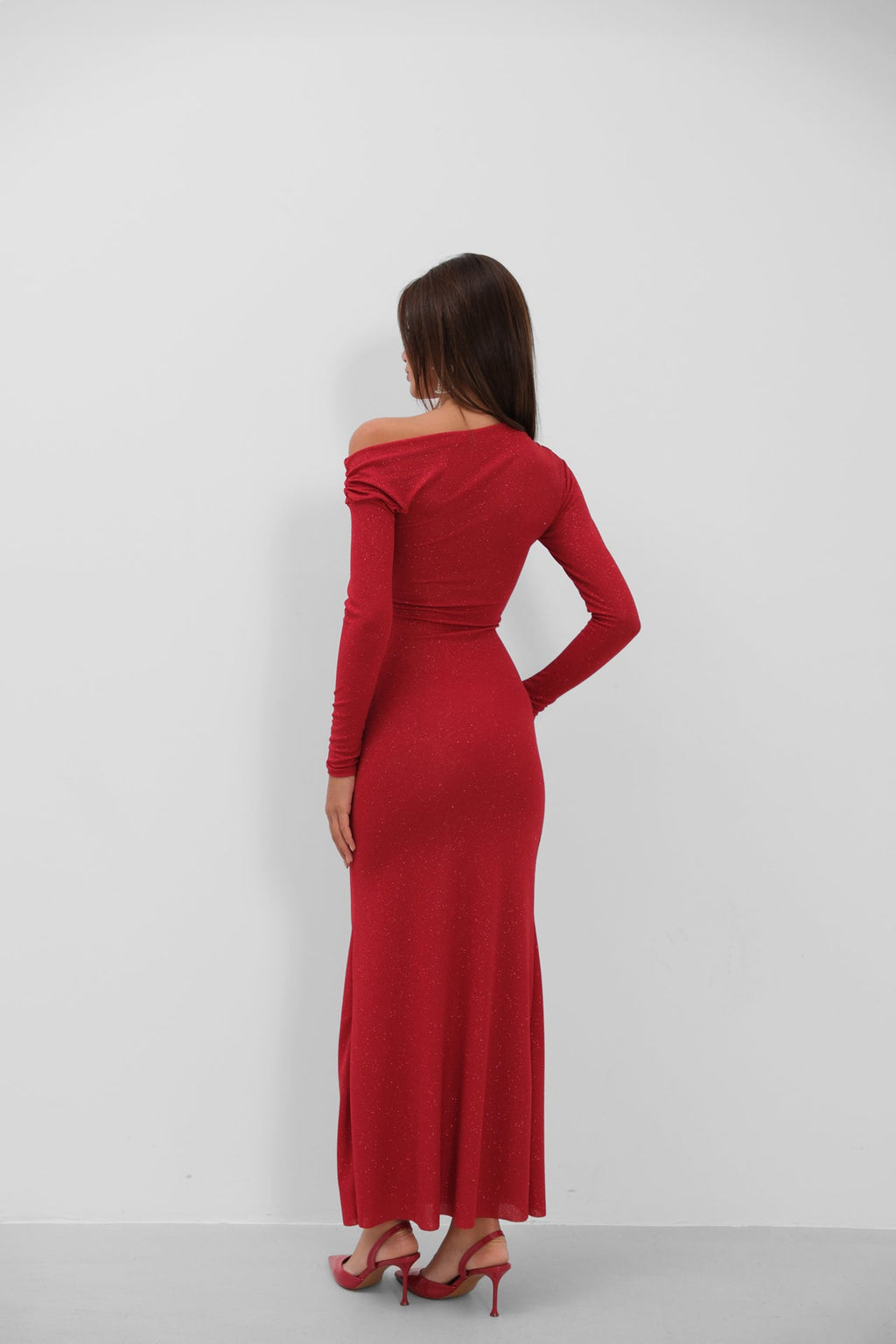Omuz Cut-Out Stone Detailed Red Dress