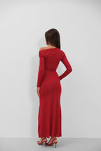 Omuz Cut-Out Stone Detailed Red Dress