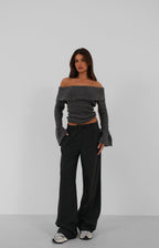Omuz Dekolteli Manset Detail Gray Knit Sweater