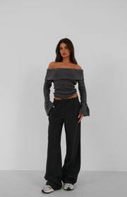 Off the Shoulder Cuff Detail Gray Knitwear Sweater