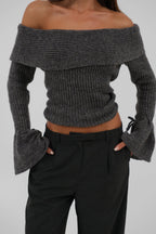 Omuz Dekolteli Manset Detail Gray Knit Sweater