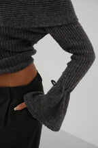 Omuz Dekolteli Manset Detail Gray Knit Sweater
