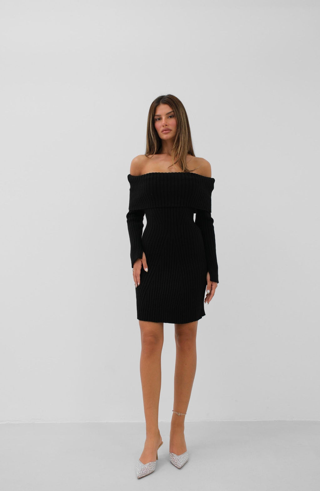 Shoulder Cut-Out Midi Length Black Knit Dress