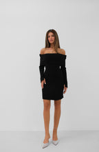 Shoulder Cut-Out Midi Length Black Knit Dress