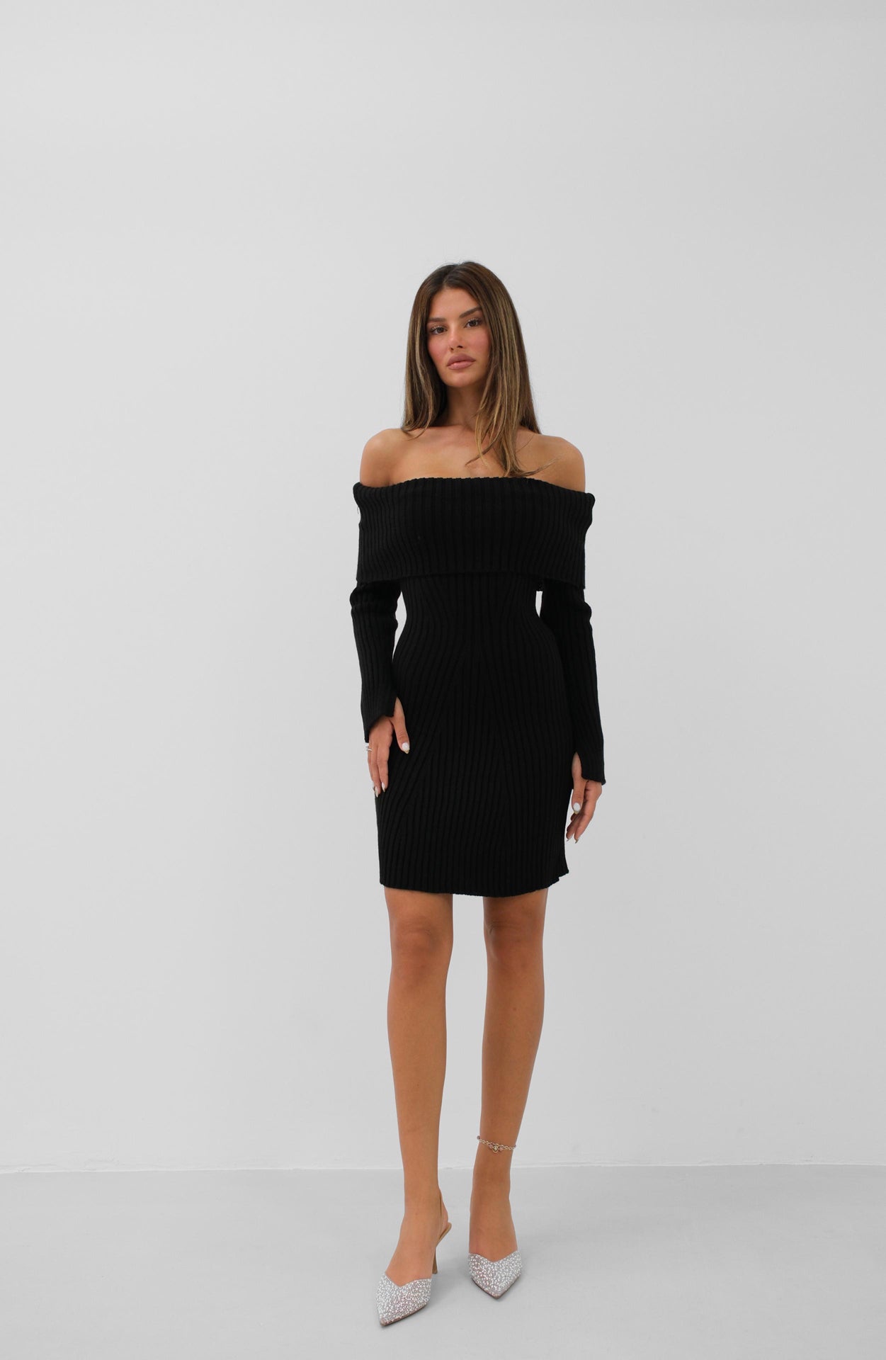 Shoulder Cut-Out Midi Length Black Knit Dress