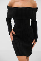 Shoulder Cut-Out Midi Length Black Knit Dress