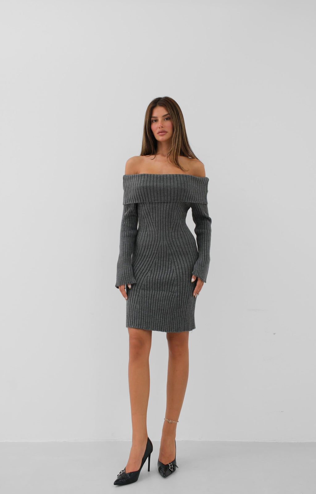 Shoulder Cut-Out Midi Length Gray Knit Dress