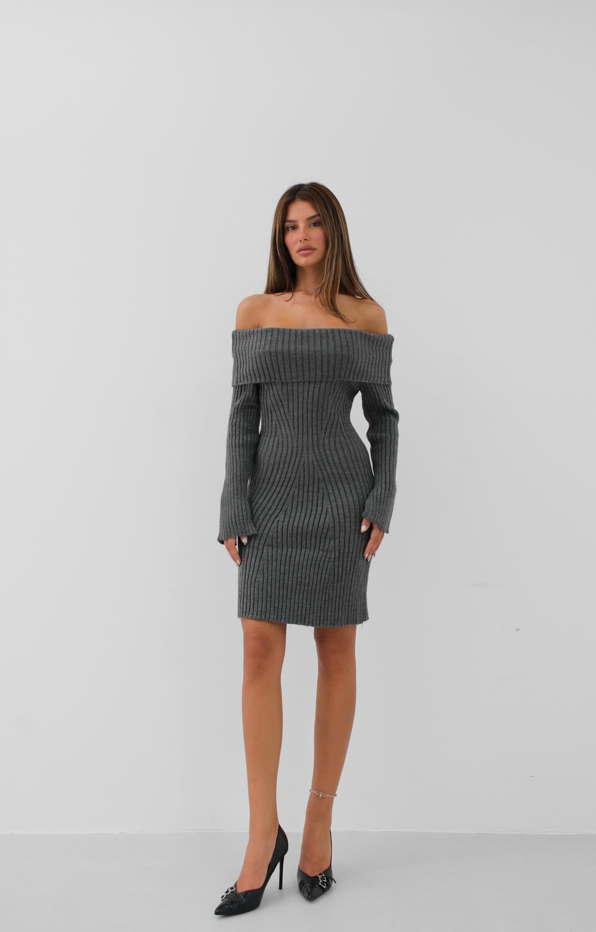 Shoulder Cut-Out Midi Length Gray Knit Dress