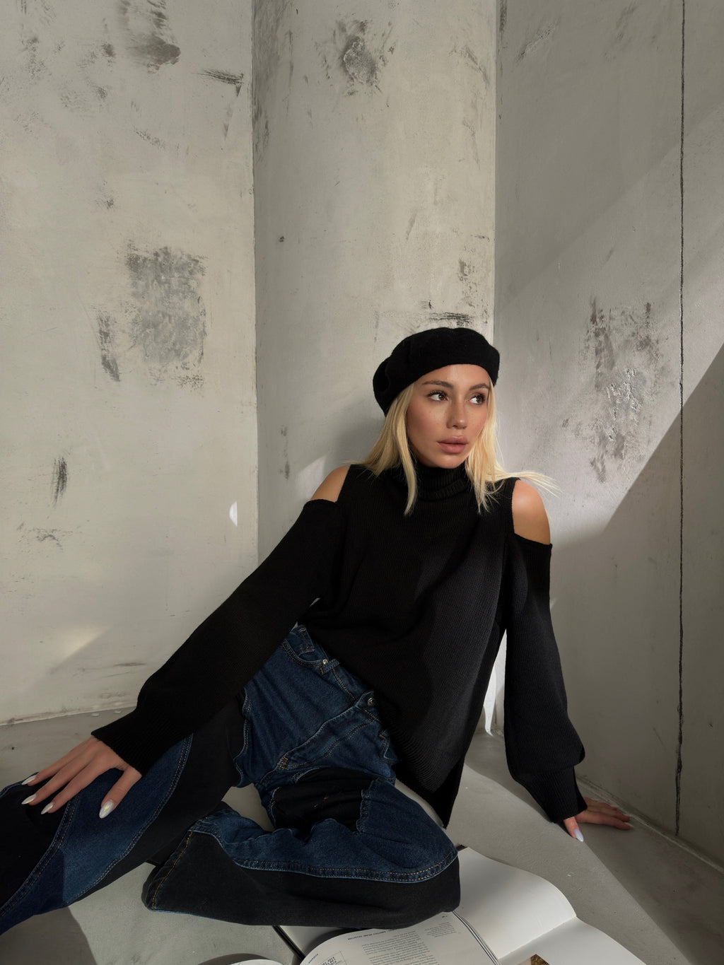 Shoulder Detail Turtleneck Black Sweater