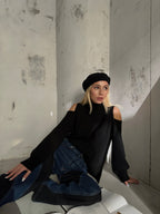 Shoulder Detail Turtleneck Black Sweater