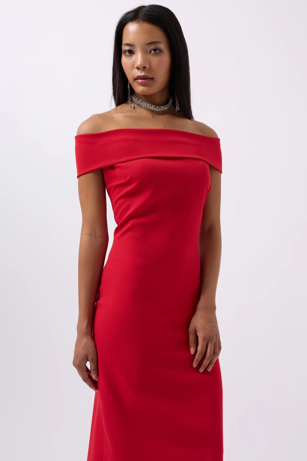 Shoulder Fold Detail Maxi Red Dress