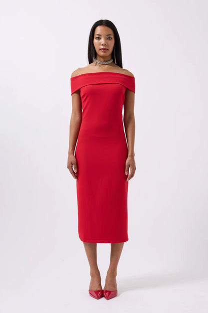 Shoulder Fold Detail Maxi Red Dress