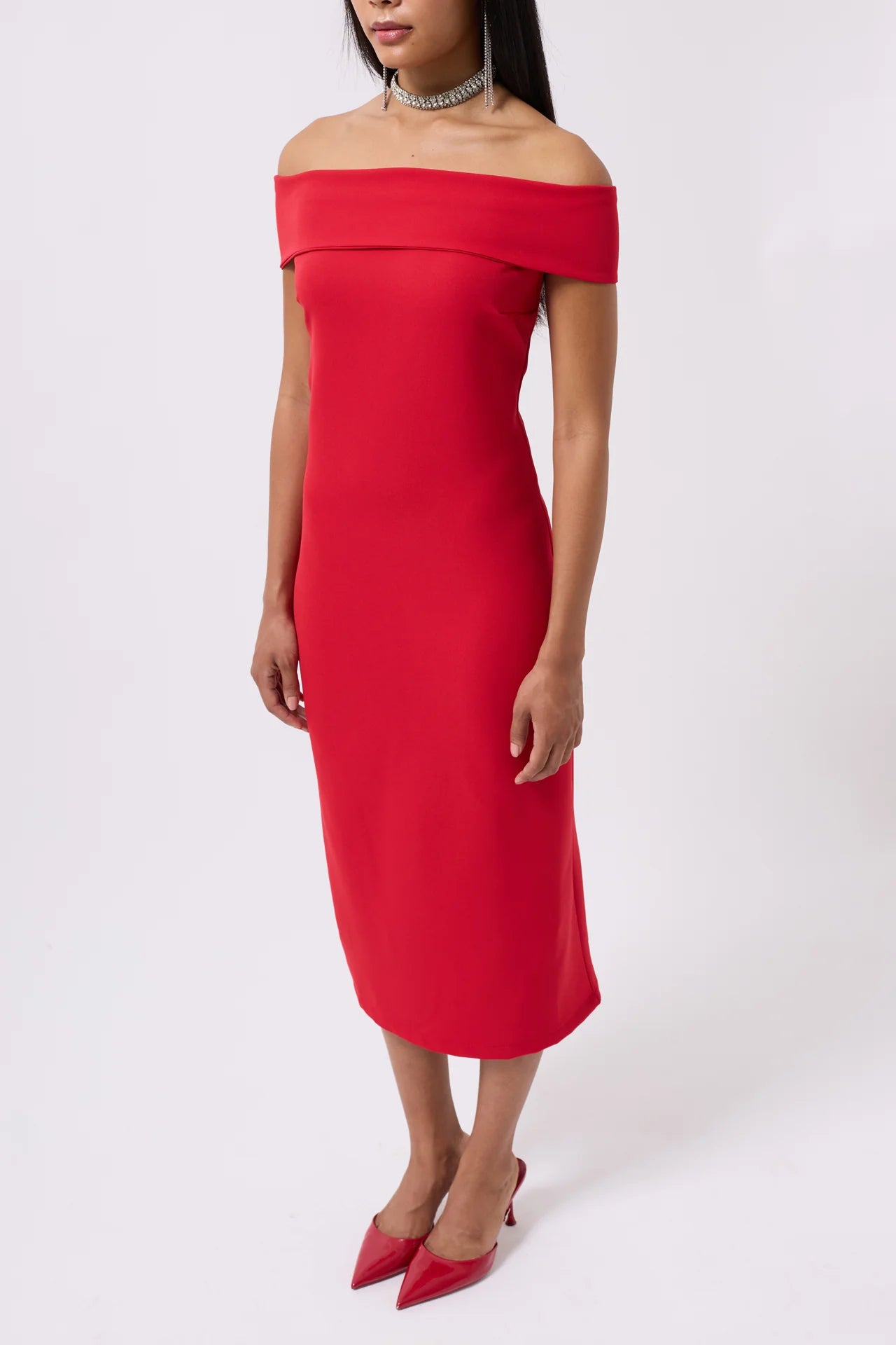 Shoulder Fold Detail Maxi Red Dress