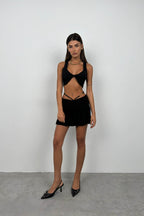 Front Tie Black Crop Blouse