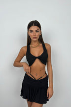 Front Tie Black Crop Blouse