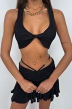 Front Tie Black Crop Blouse