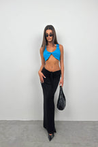 Front Tie Blue Crop Blouse