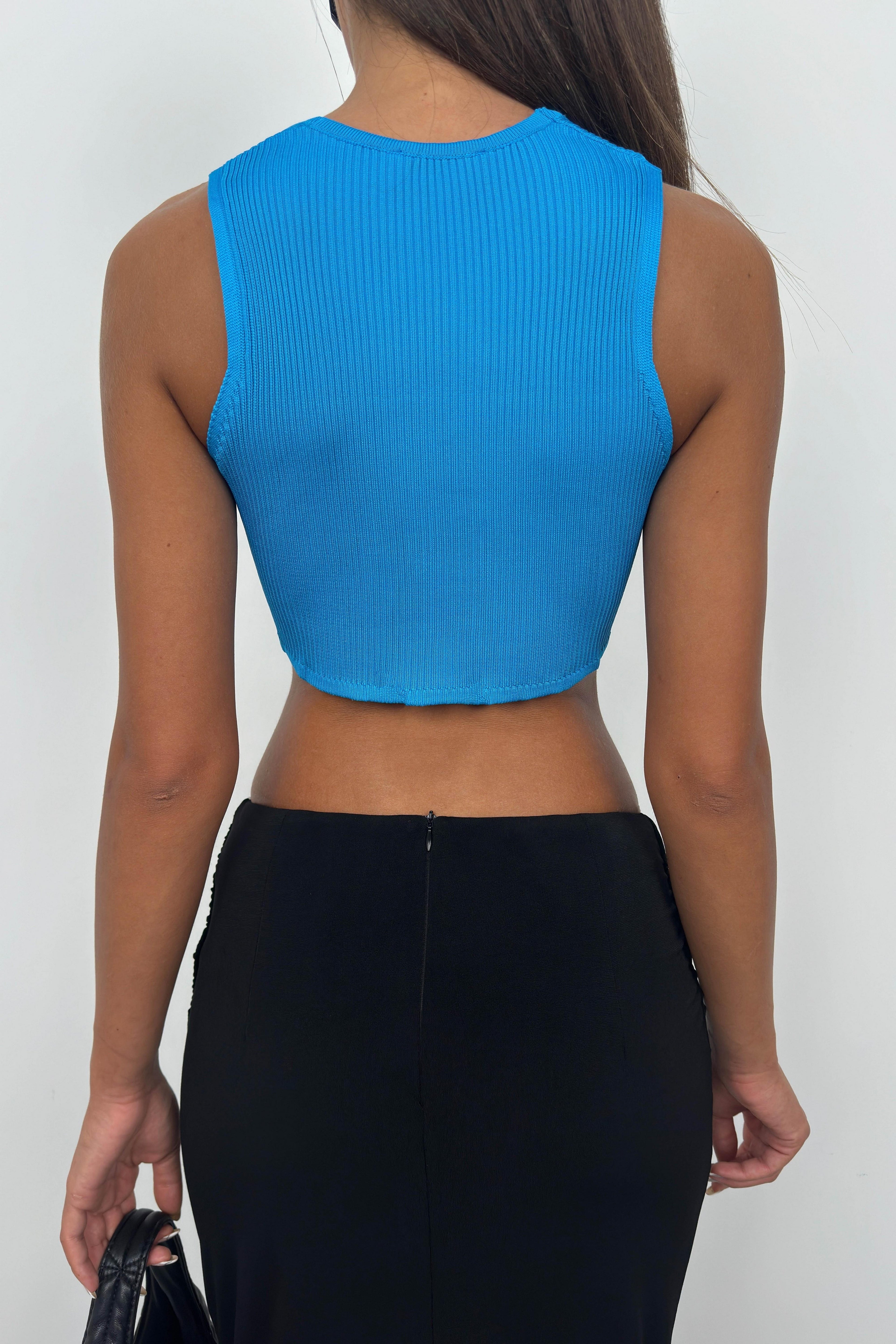 Front Tie Blue Crop Blouse