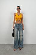 Front Ruched Mango Crop Blouse