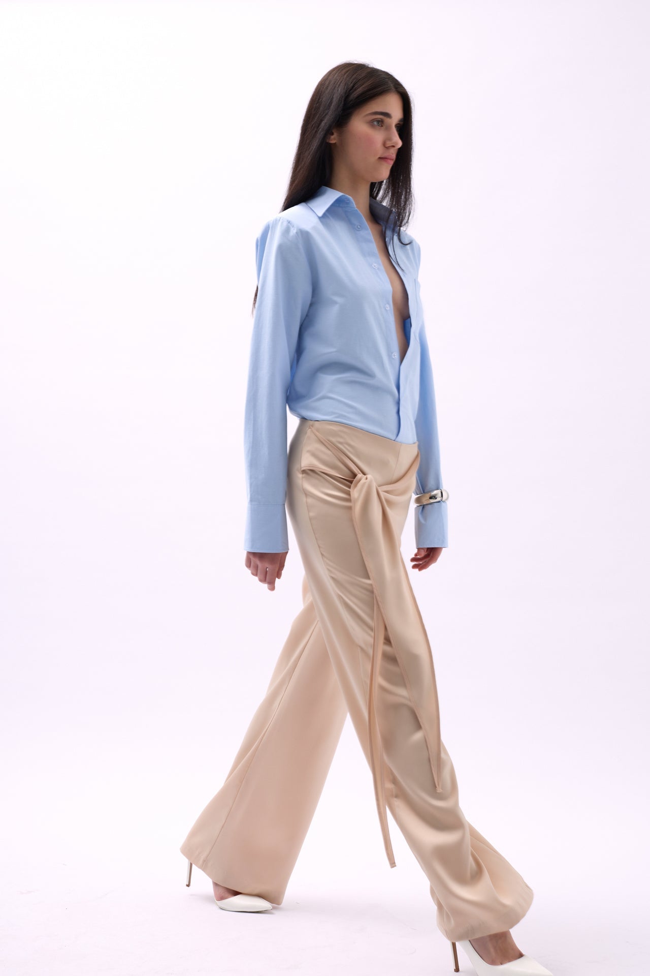 Front Tie Satin Beige Pants