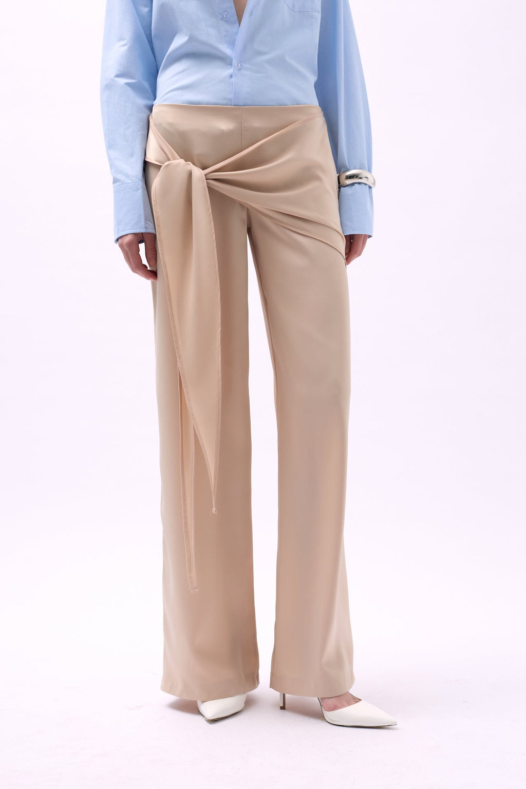 Front Tie Satin Beige Pants