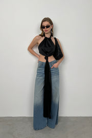 Front Tie Black Satin Blouse
