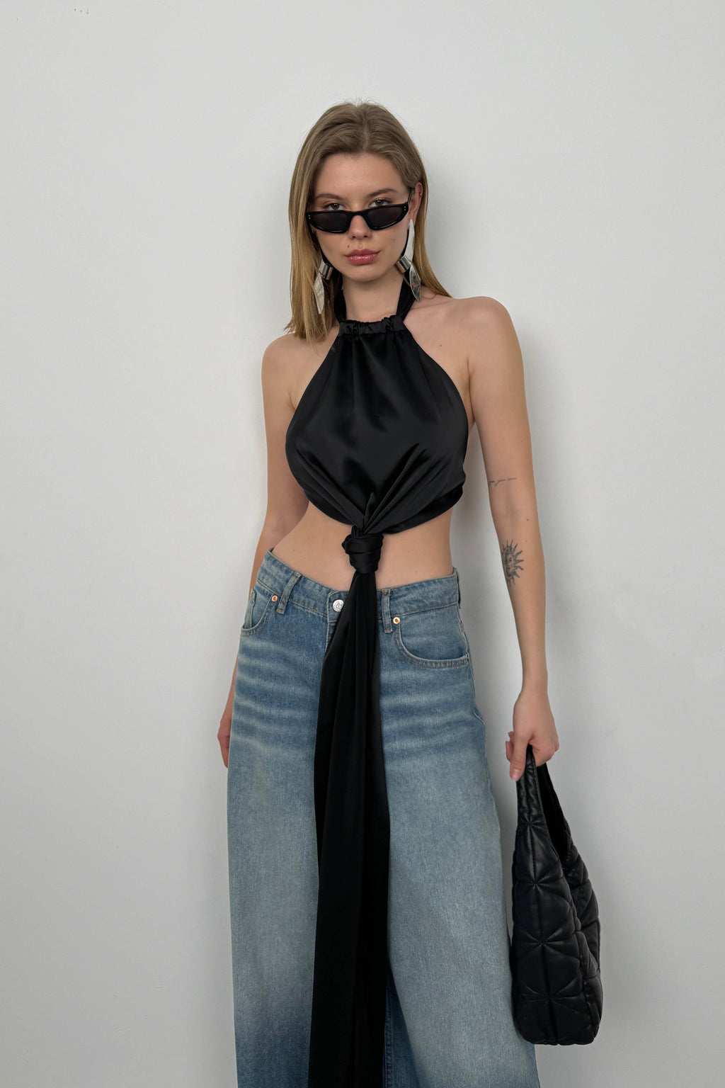 Frontden Tie Black Satin Blouse