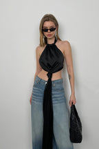 Frontden Tie Black Satin Blouse