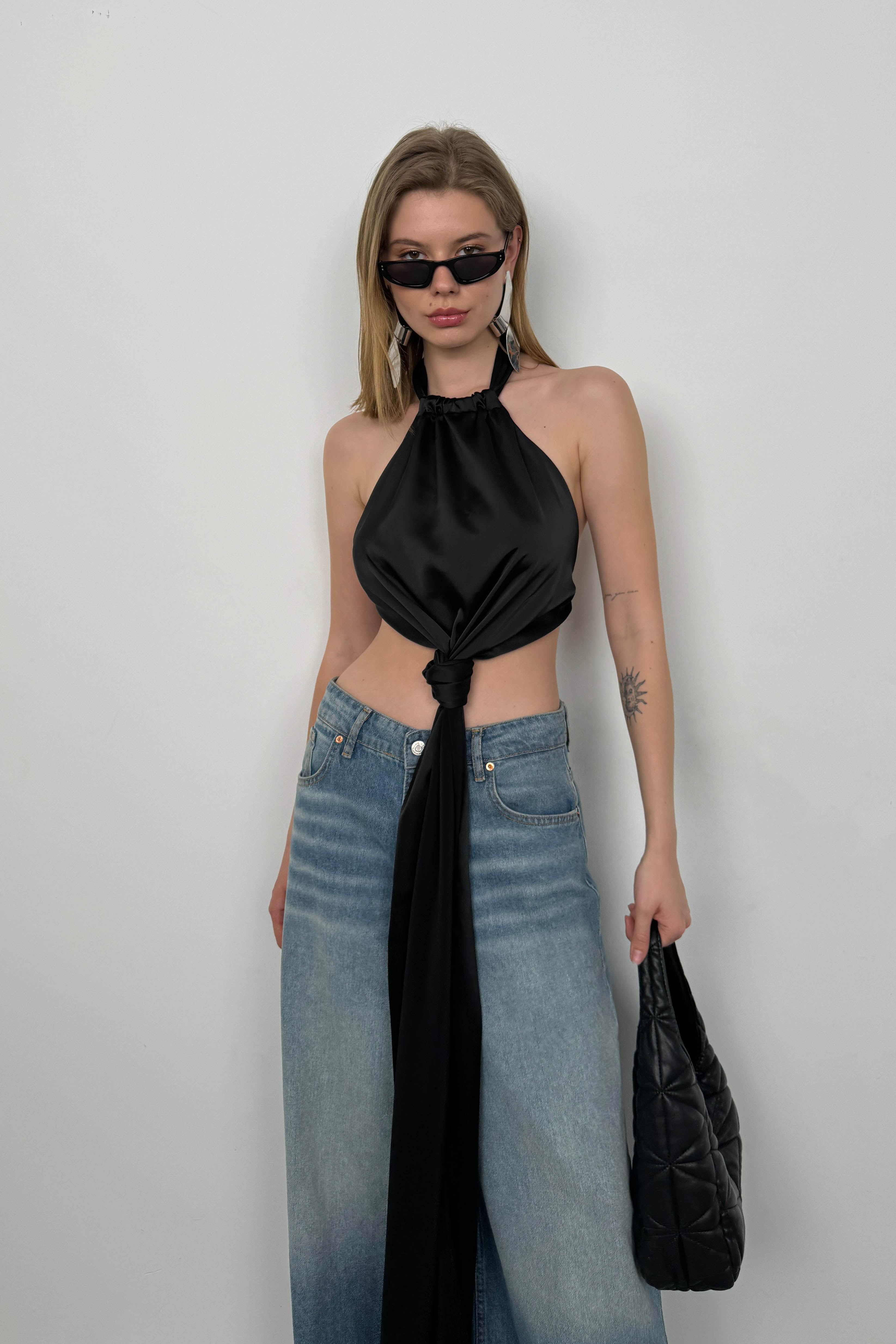 Frontden Tie Black Satin Blouse