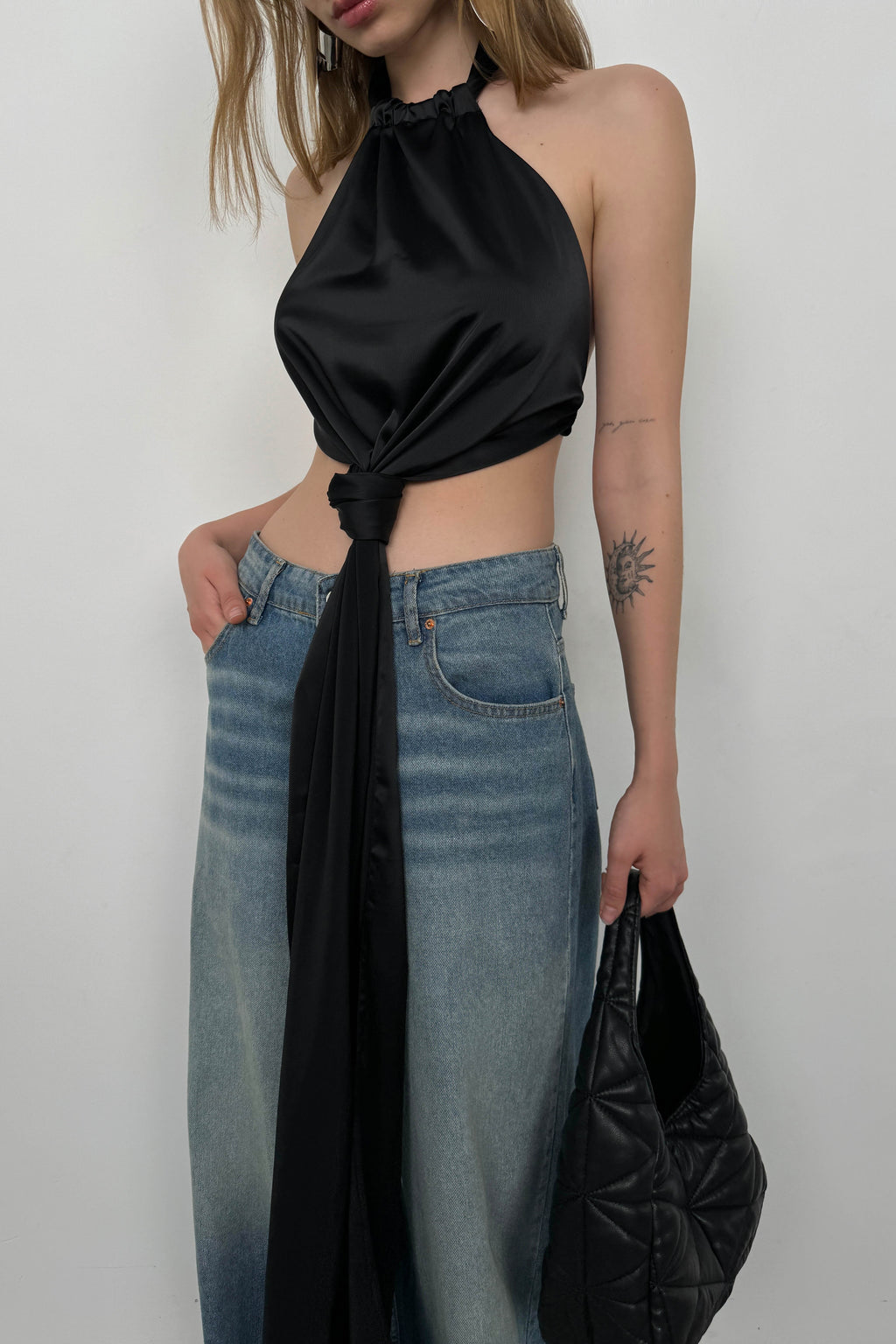 Frontden Tie Black Satin Blouse