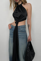 Frontden Tie Black Satin Blouse