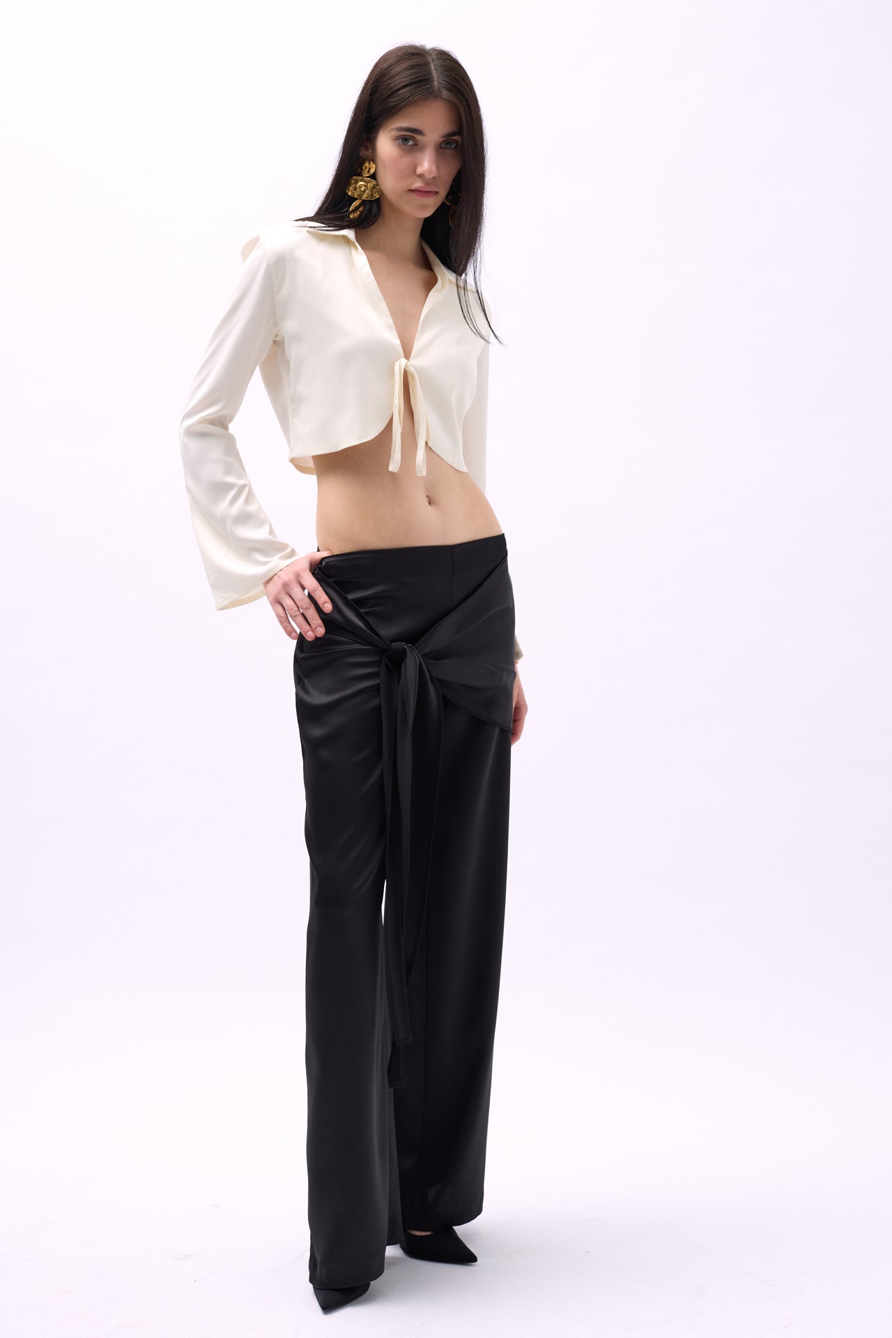 Front Tie Black Satin Pants