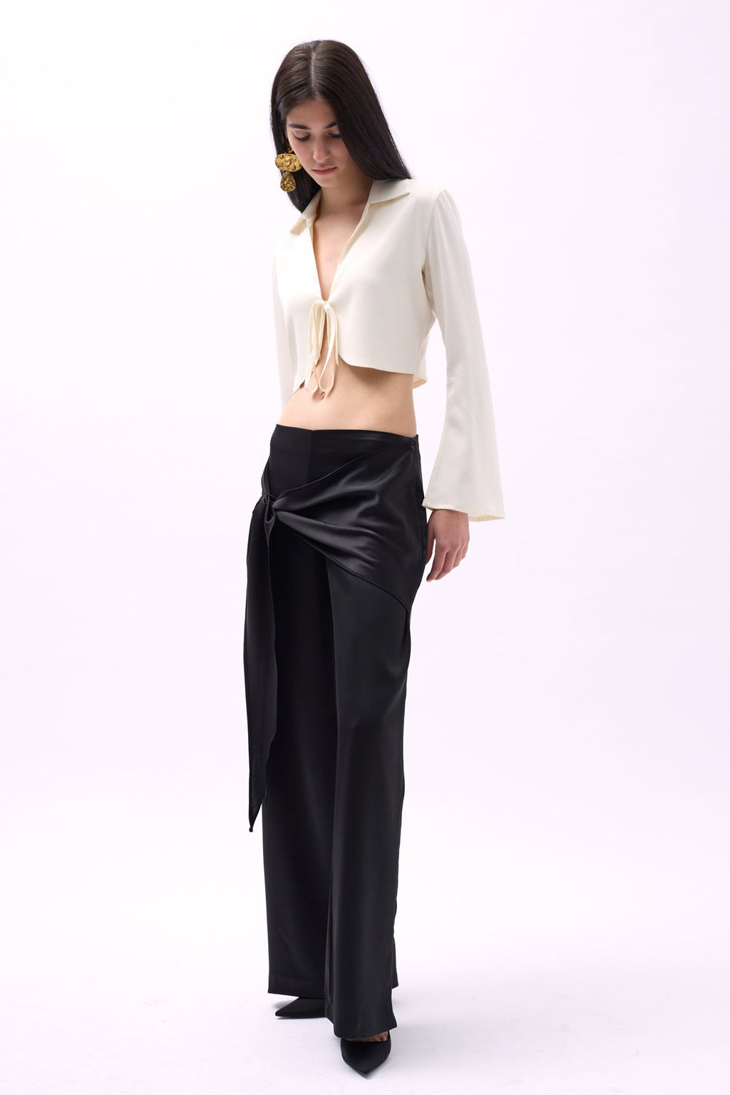 Front Tie Black Satin Pants