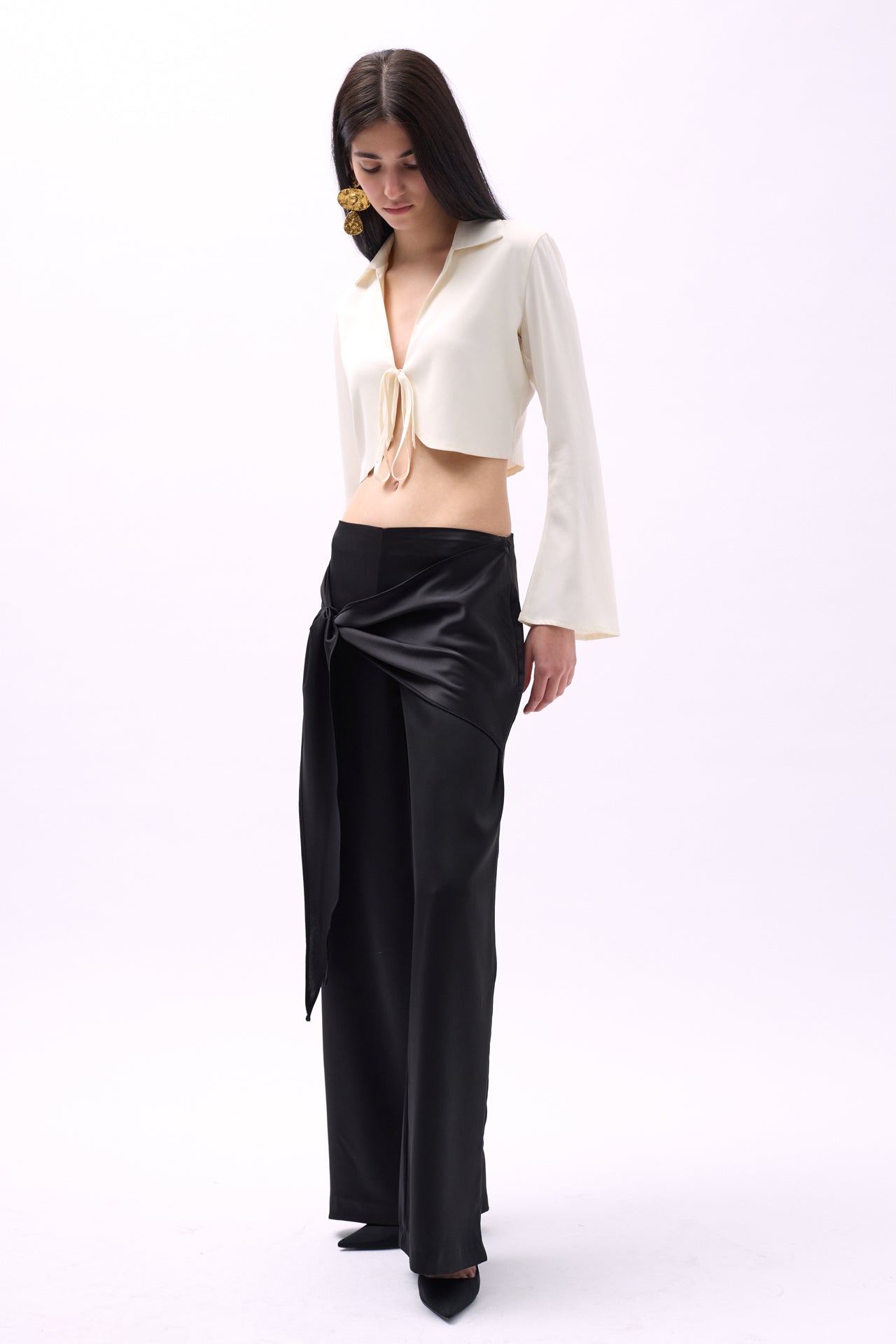 Front Tie Black Satin Pants