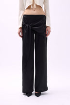 Front Tie Black Satin Pants