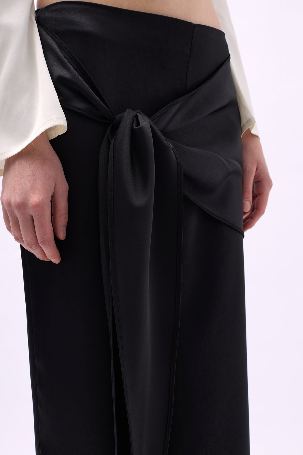 Front Tie Black Satin Pants