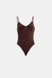 Brown Bodysuit with Pleated Front Straps