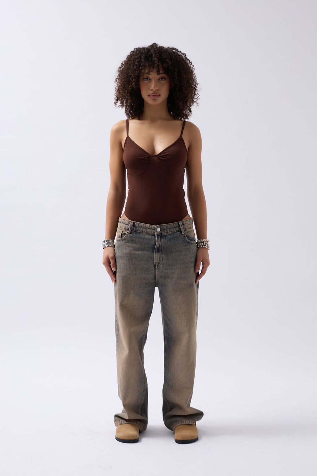 Front Ruched Strappy Brown Bodysuit