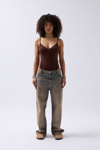 Front Ruched Strappy Brown Bodysuit