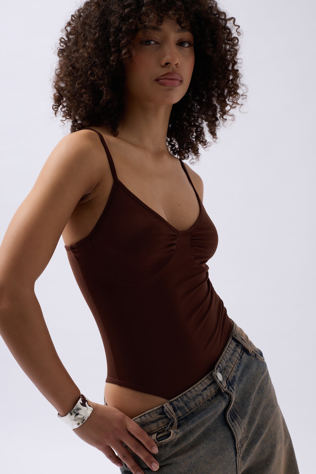Front Ruched Strappy Brown Bodysuit