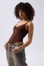 Front Ruched Strappy Brown Bodysuit