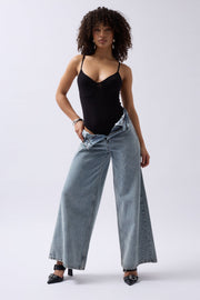 Black Bodysuit with Pleated Front Straps