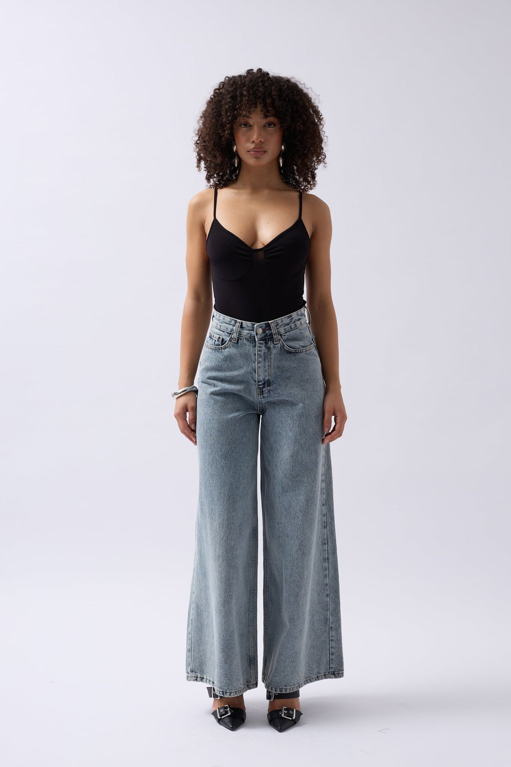 Front Ruched Strap Black Bodysuit